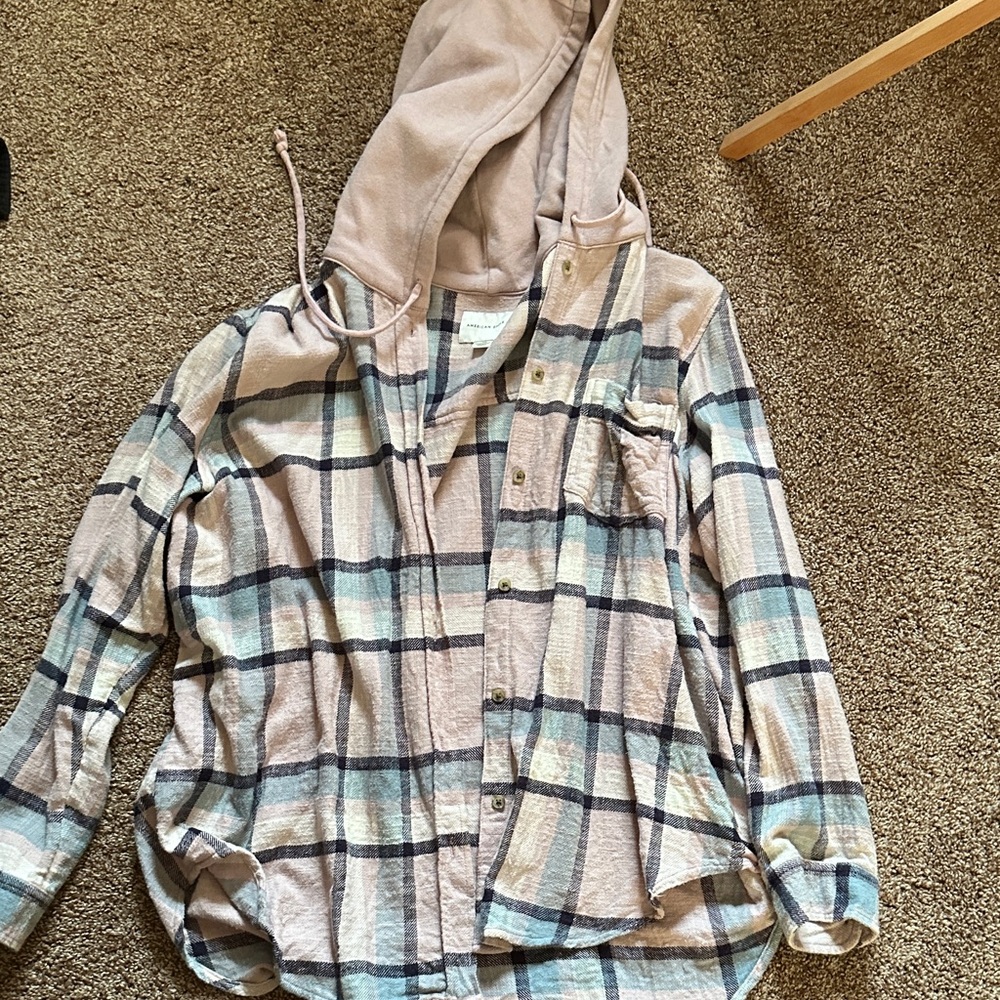 Hooded Plaid Button-Up Jacket - L